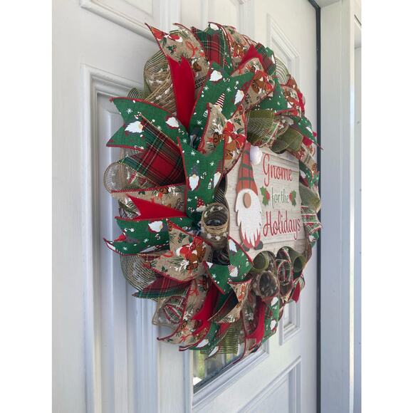 Gnome for the Holidays Deco Mesh Ribbon Christmas Wreath Front Door Hanger - Picture 6 of 7